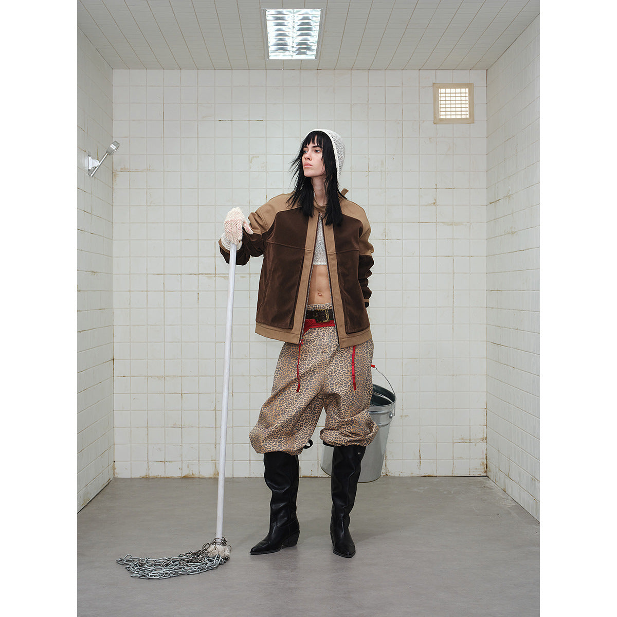 Men's short jacket in boxy-blouson style made of velour and canvas mix with high stand-up collar EVA-US