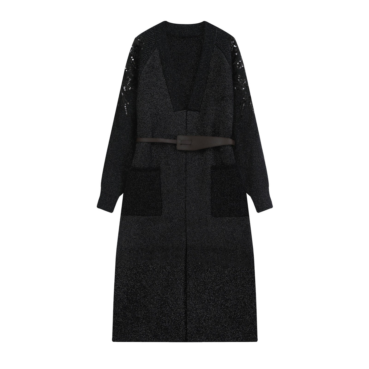 Women's knit midi dress with deep V-neck, waist belt, and sequin-adorned sleeves EVA-US