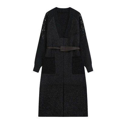 Women's knit midi dress with deep V-neck, waist belt, and sequin-adorned sleeves EVA-US