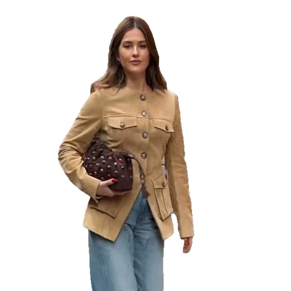 Women’s short jacket in military utility style with patched flap pockets and round neckline EVA-US