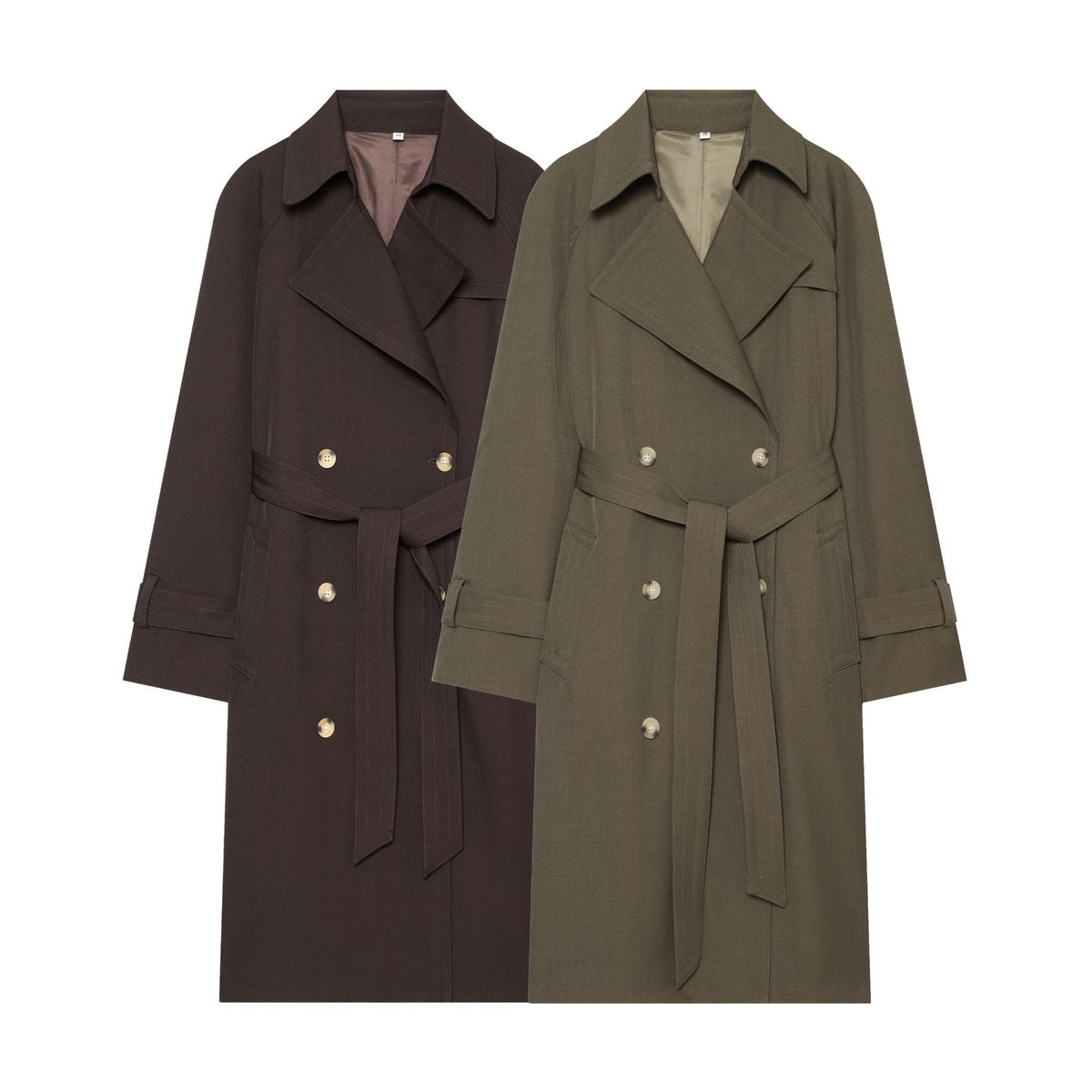 Women Mid-length Double-breasted Trench Coat with Wide Lapels and Waist Tie Belt EVA-US