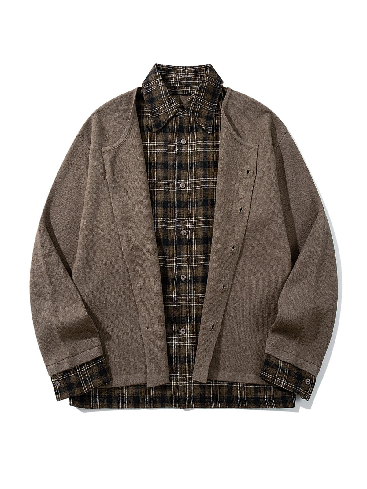 Men's Checked Flannel Shirt Layer with Open Knit Cardigan EVA-US