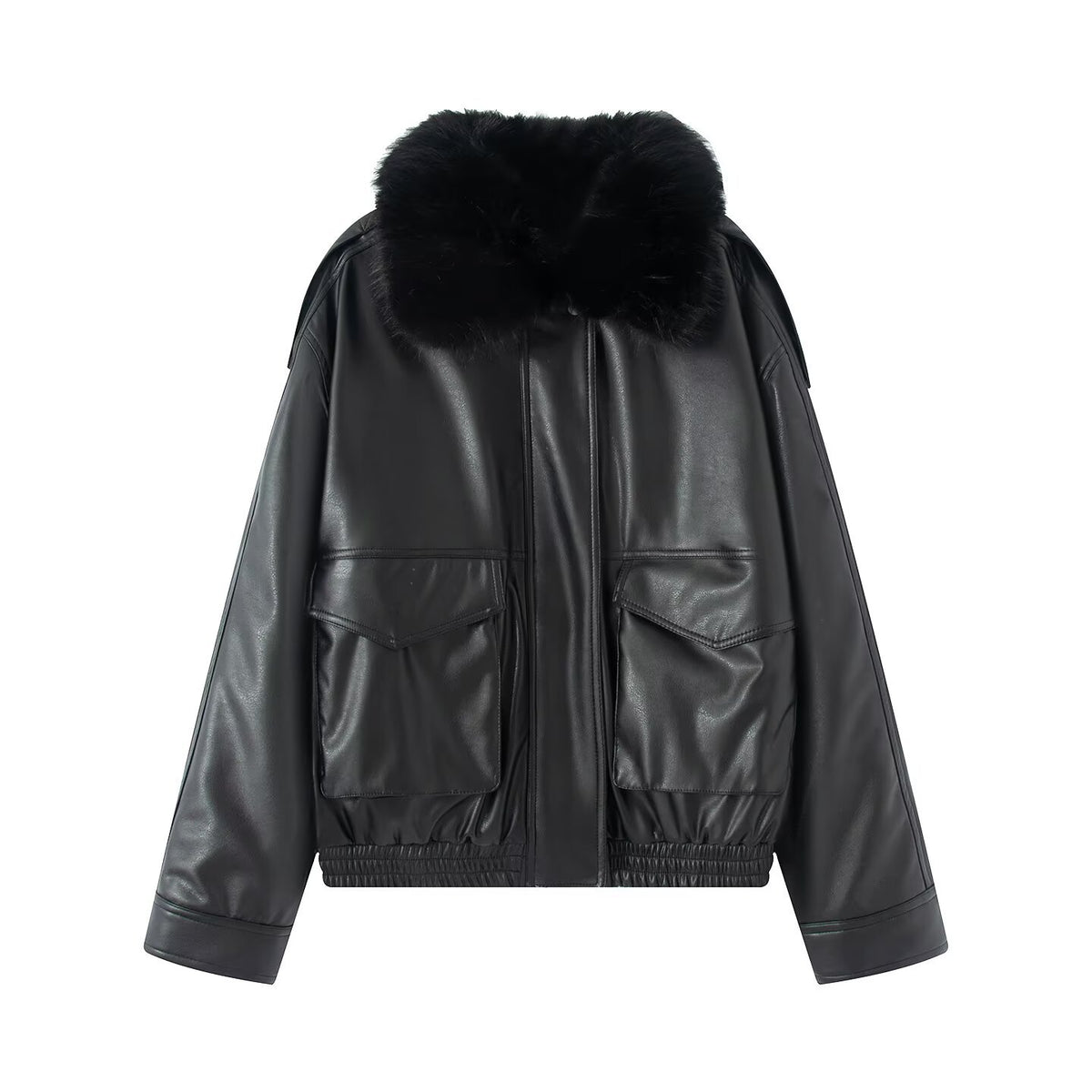 Women Short Faux Leather Bomber Jacket with Large Faux Fur Collar, Flap Pockets and Waist Hem EVA-US