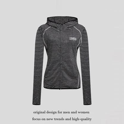 Women's Lightweight Hoodie Zip Jacket in Striped Look with Fitted Cut and Raglan Sleeves EVA-US