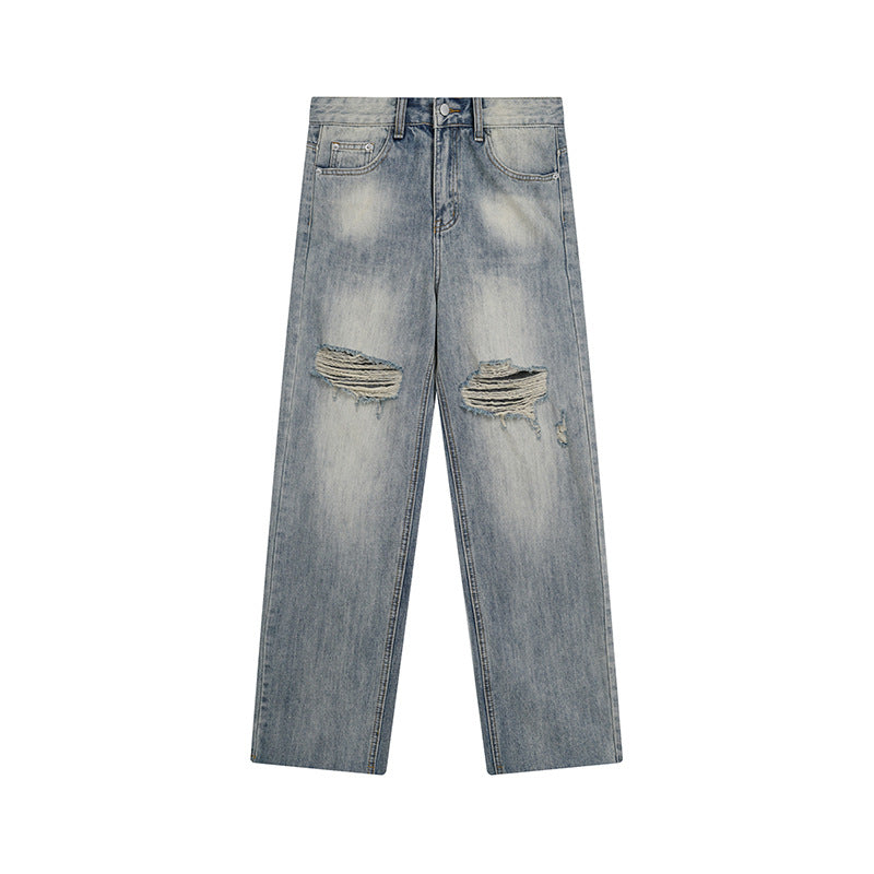 Women’s Wide Destroyed Jeans with High Waist, Straight Leg and Knee Rips EVA-US