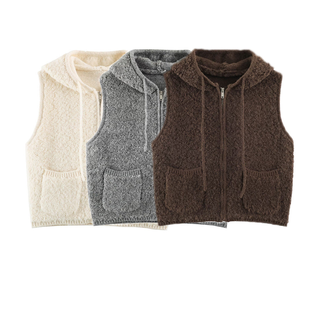 Women's Teddy Fleece Vest with Hood, Zipper and Patch Pockets EVA-US