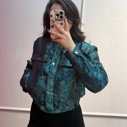 Women's Short Jacket in Metallic Jacquard with Snap Button Placket and Flap Pockets EVA-US