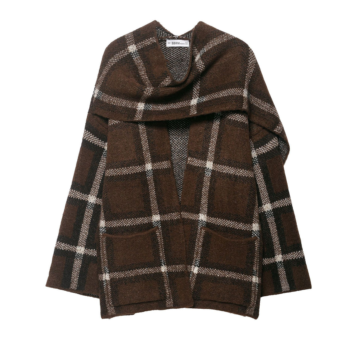 Women Oversized Cape Cardigan with Hood, Patch Pockets and Check Pattern EVA-US