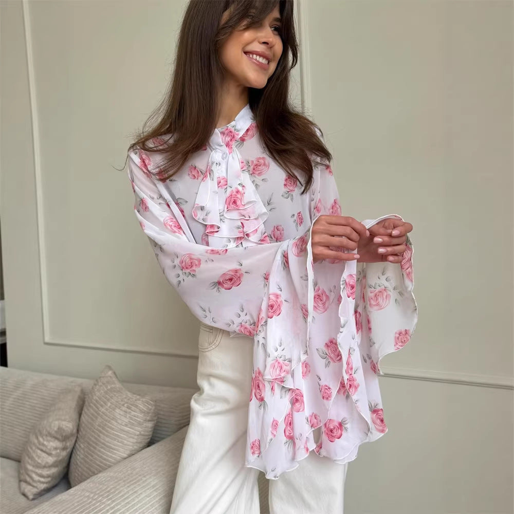 Women Chiffon Blouse with Rose Print, Ruffle Tiers and Bell Sleeves EVA-US