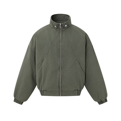 Unisex Boxy-Canvas-Bomber Jacket with High Stand-Up Collar, Diagonal Seam Design and Elastic Hem EVA-US