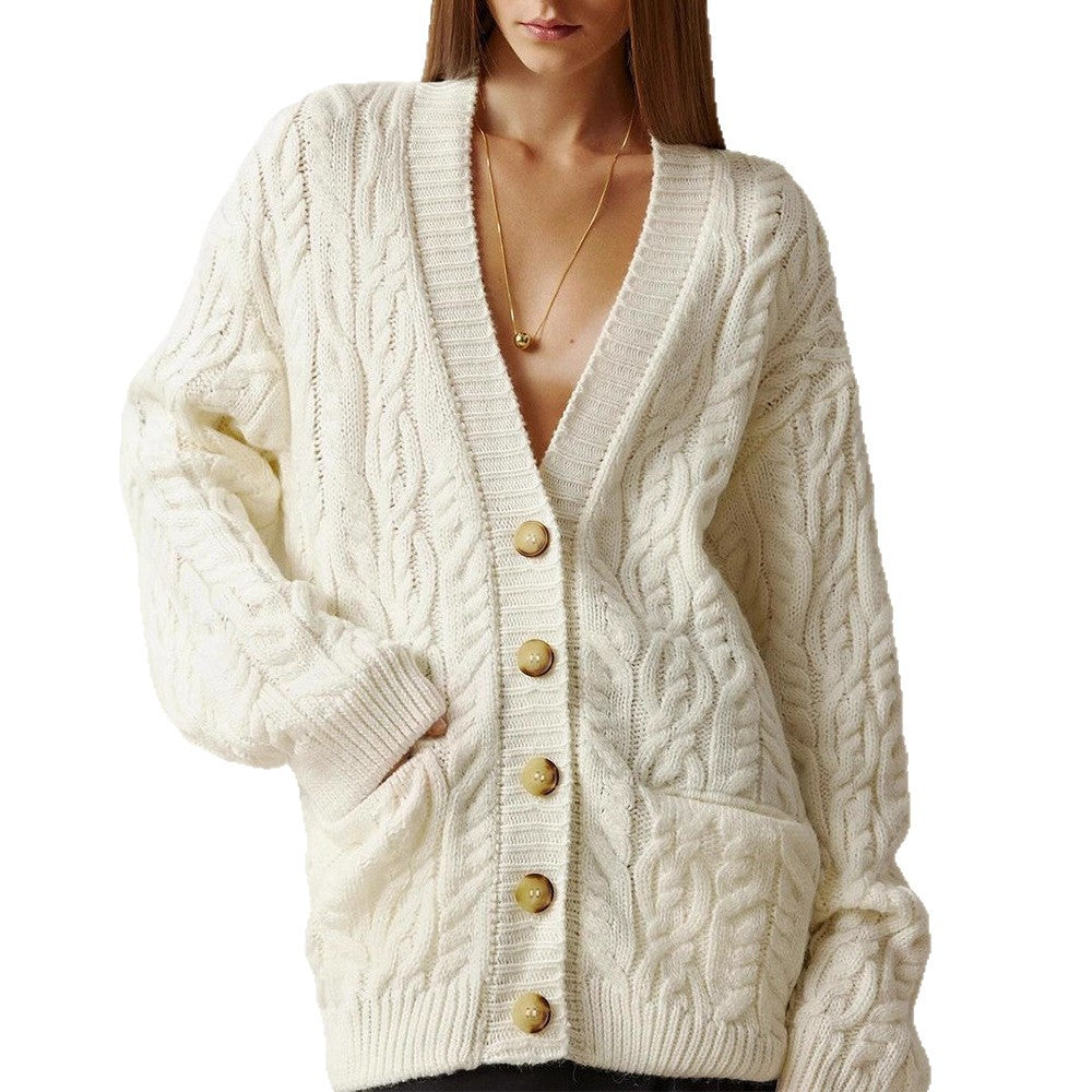 Women's Oversize Cable Knit Cardigan with V-Neck and Patch Pockets EVA-US