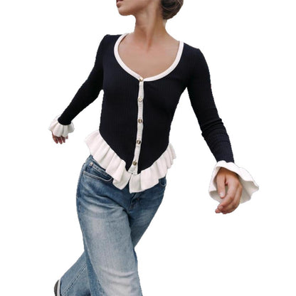 Ladies Ribbed Cardigan with Ruffle Hem, Decorative Buttons and Ruffle Cuffs EVA-US