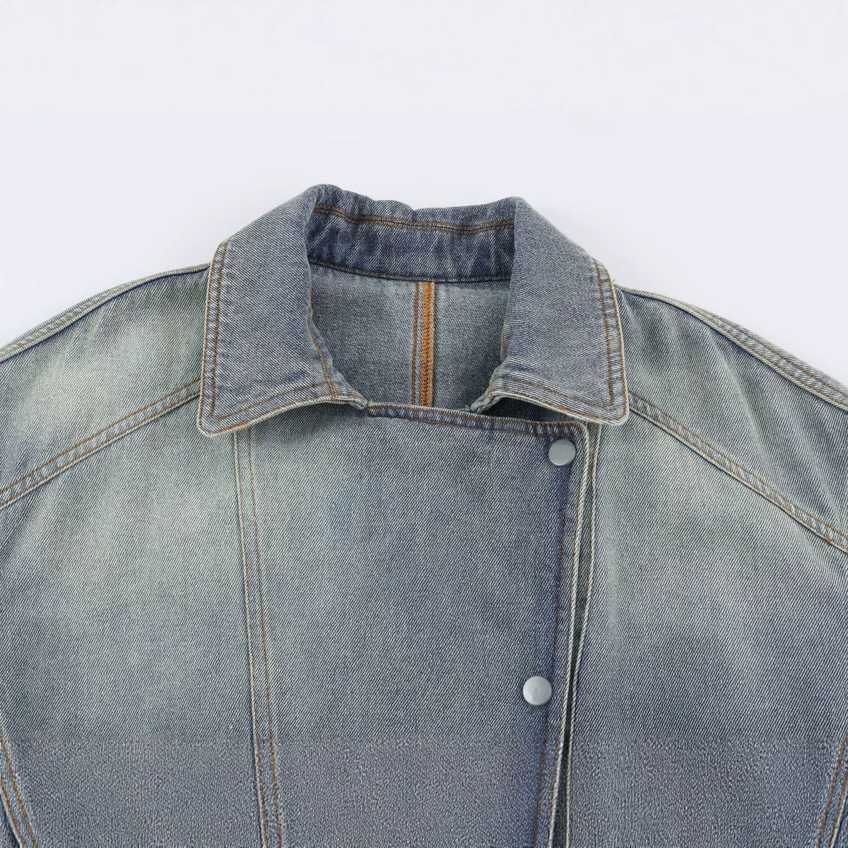 Women's denim jacket with belted waist and asymmetric snap button placket EVA-US
