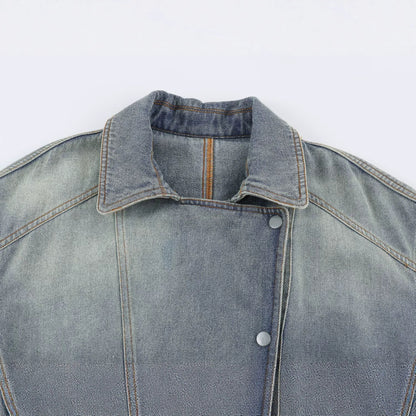 Women's denim jacket with belted waist and asymmetric snap button placket EVA-US