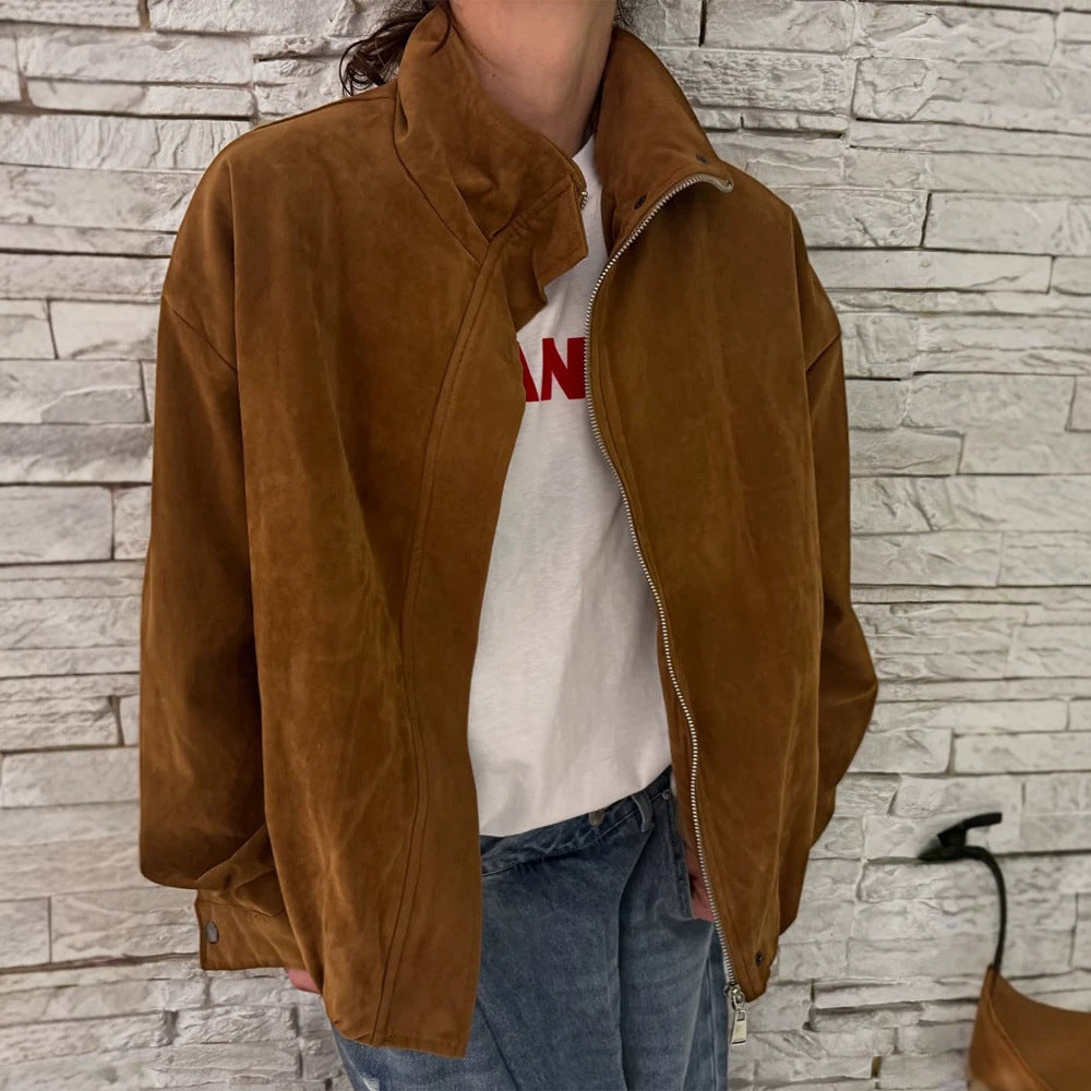 Women Oversize Velour Leather Blouson with High Stand Collar and Metal Zipper EVA-US