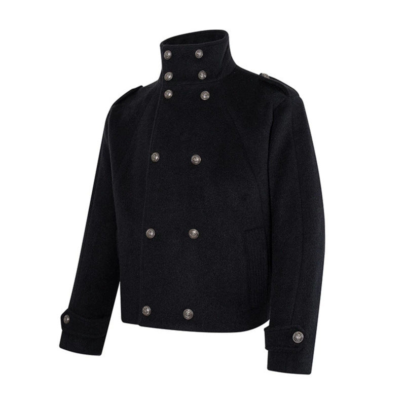 Women Short Double-Breasted Military Cab Jacket with Stand Collar and Epaulettes EVA-US