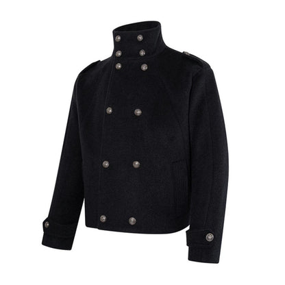 Women Short Double-Breasted Military Cab Jacket with Stand Collar and Epaulettes EVA-US