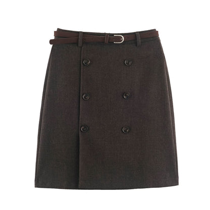Women's midi skirt in A-line cut with double-breasted button placket and waist belt EVA-US