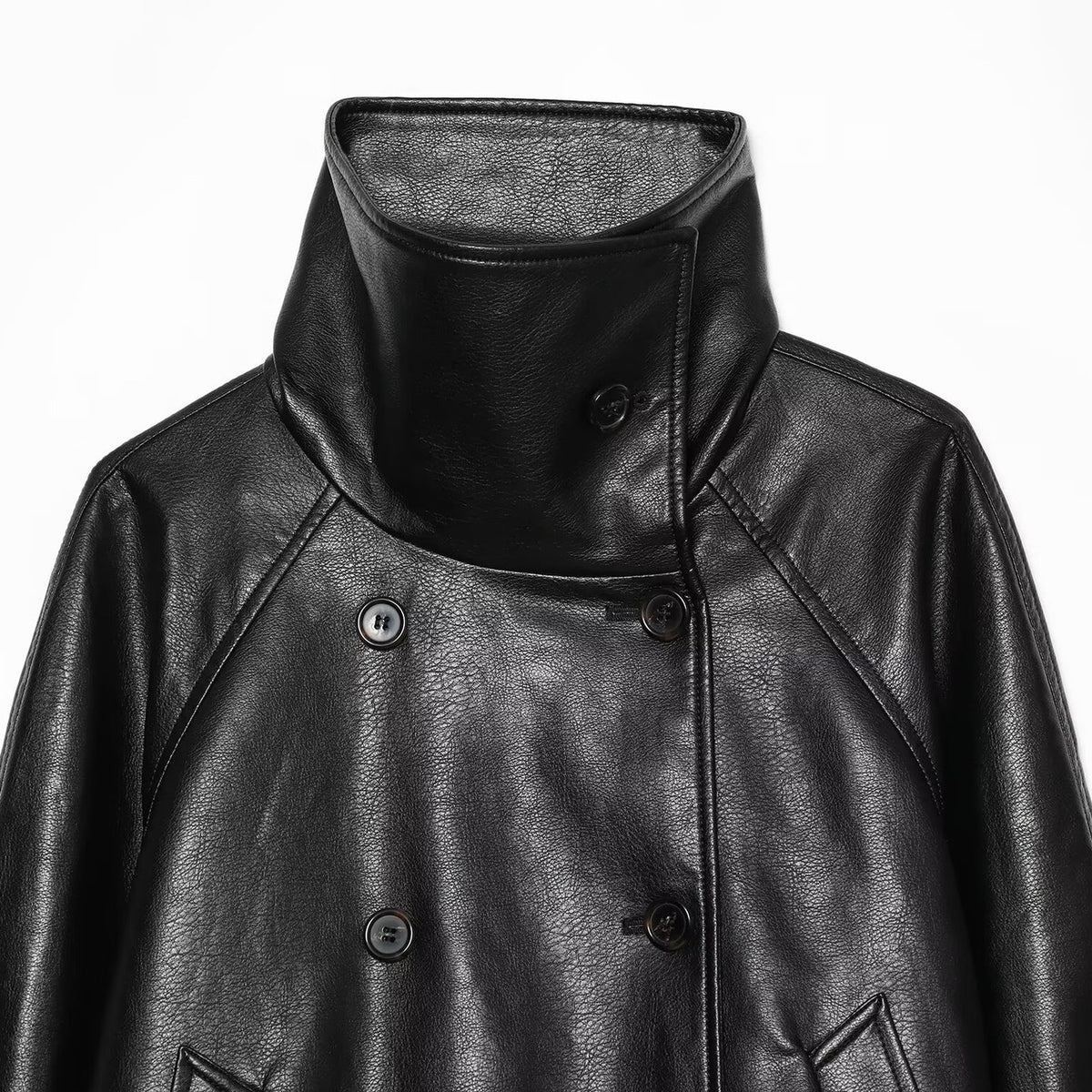 Women's Short Faux Leather Jacket with High Stand Collar, Double-Breasted and Drawstring Waist EVA-US