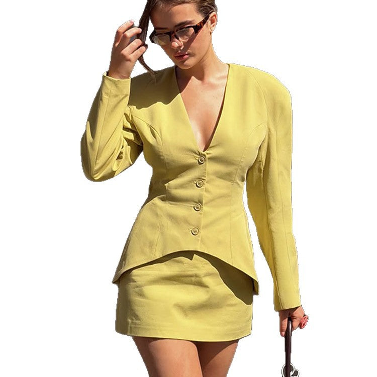 Women's Tailored Blazer Set with Deep V-Neck, Distinctive Peplum and Figure-Hugging Mini Skirt EVA-US