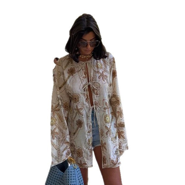 Women's Embroidered Linen Tunic Jacket with Drawstring, Volume Sleeves & Loose Silhouette EVA-US