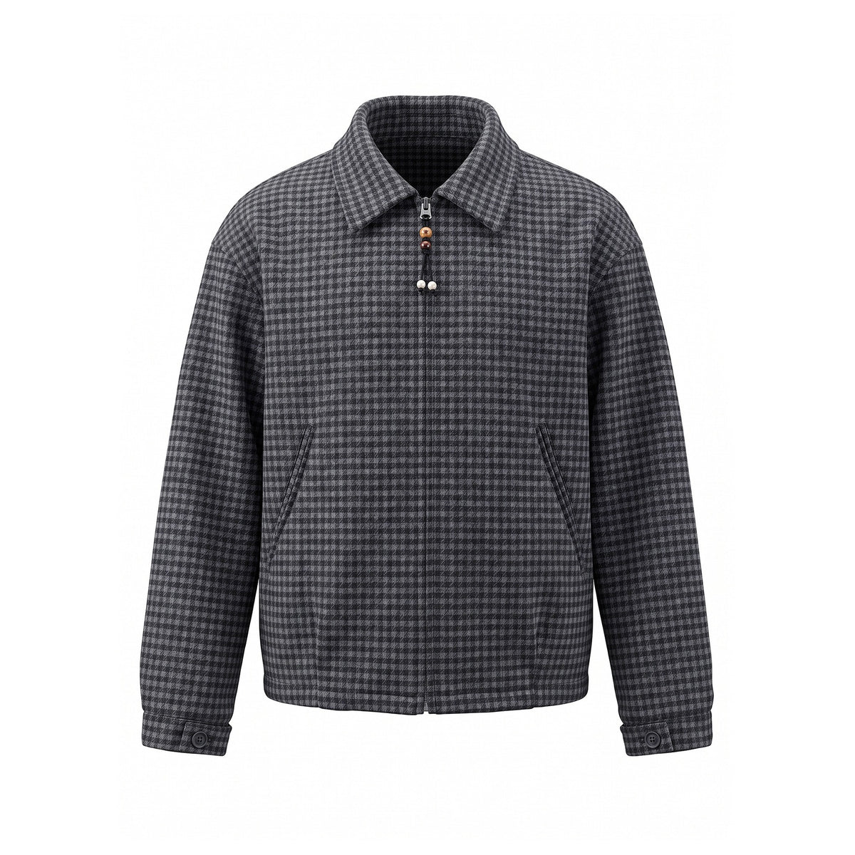 Men's Short-Cut Wool Blend Bomber with Houndstooth Pattern and Concealed Zipper