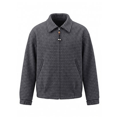 Men's Short-Cut Wool Blend Bomber with Houndstooth Pattern and Concealed Zipper