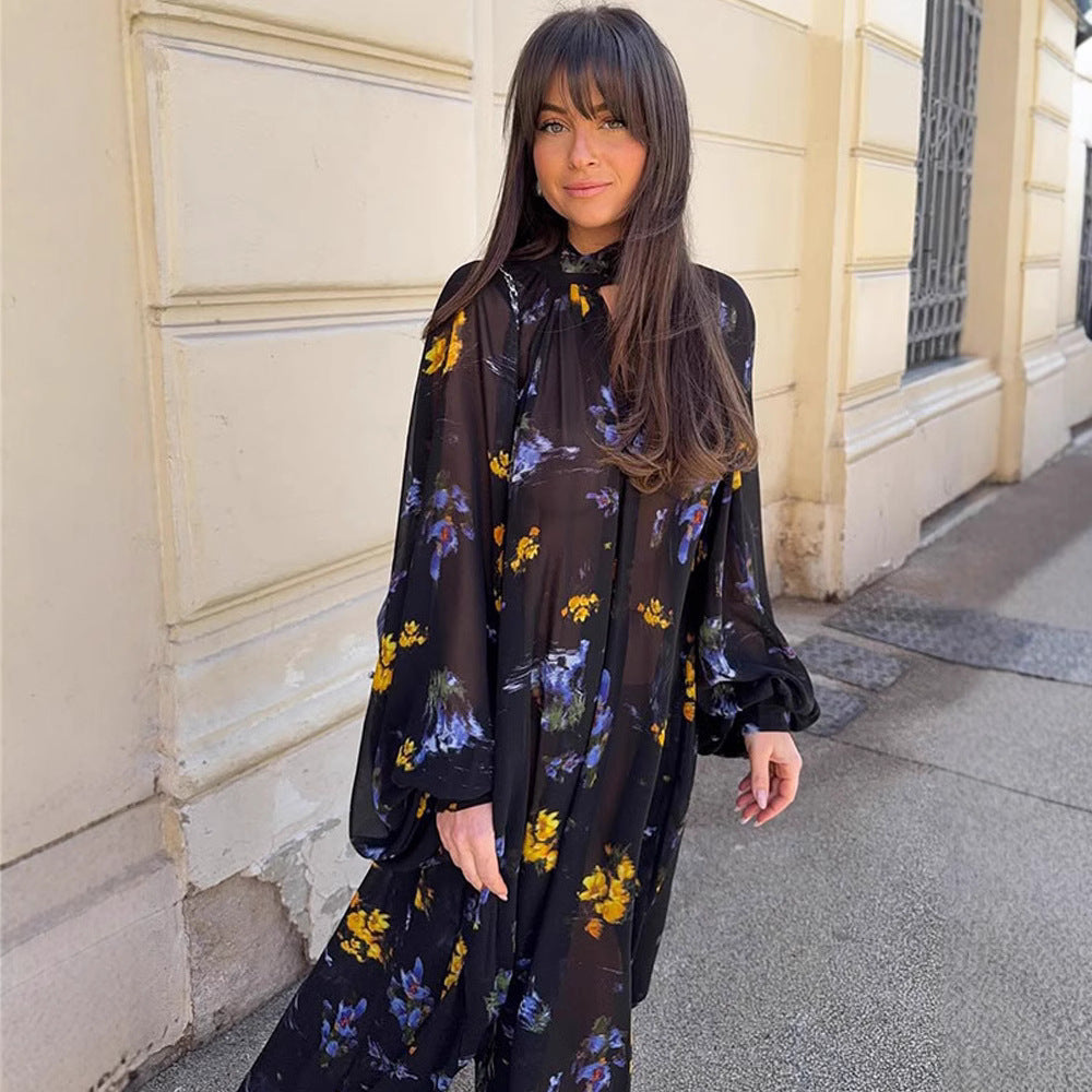 Women's Chiffon Maxi Dress with Stand Collar, Keyhole Neckline & Voluminous Balloon Sleeves EVA-US