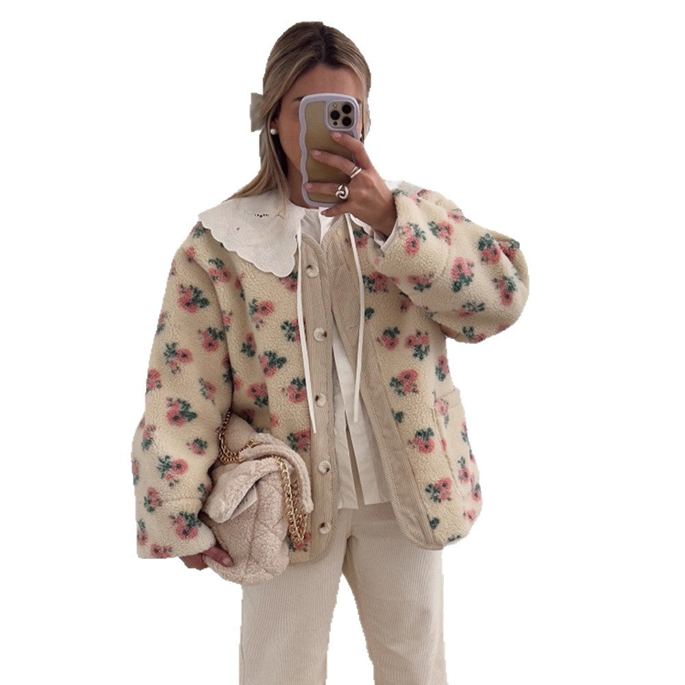 Women's teddy fleece jacket with floral print, cord placket, patch pockets, and oversized lace collar EVA-US