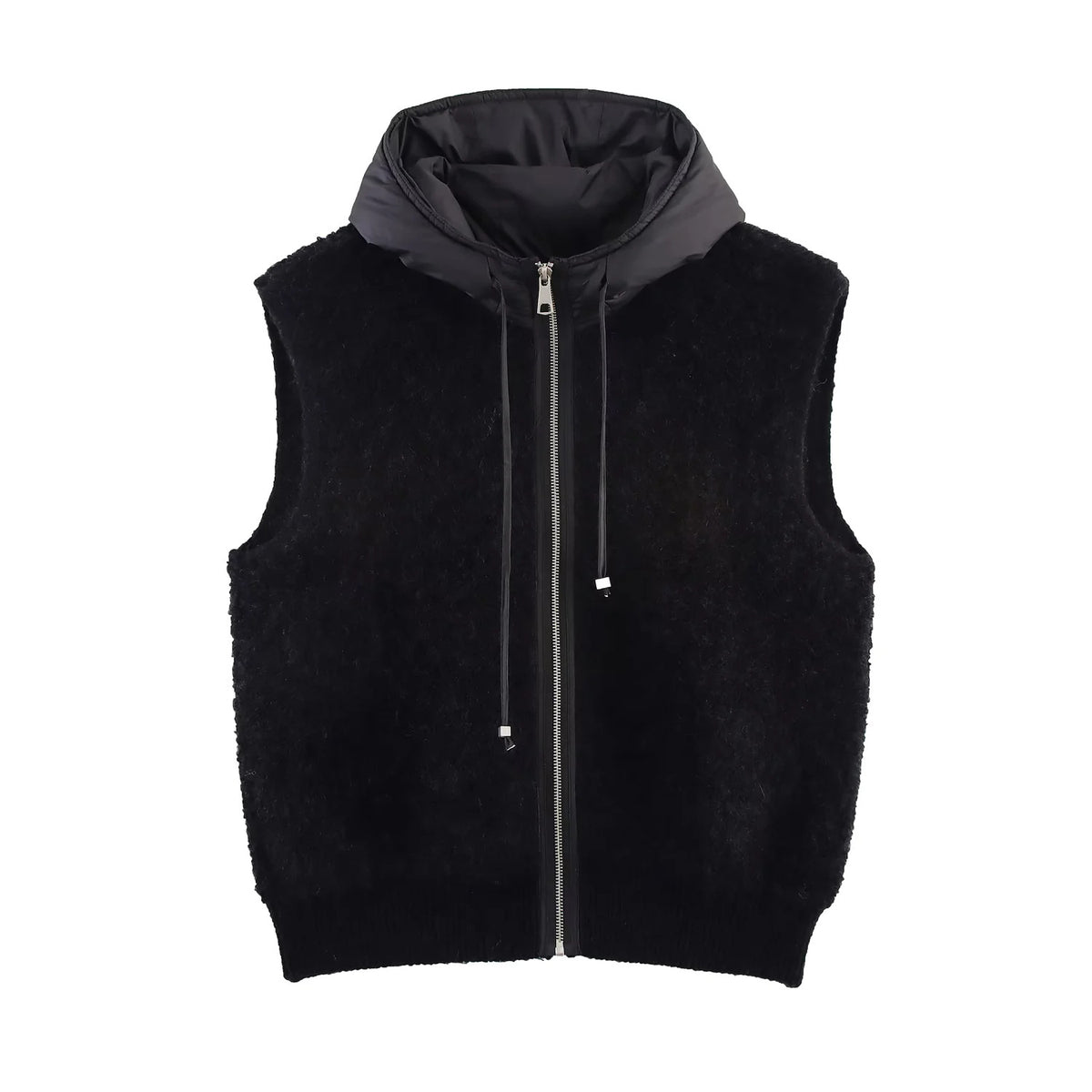 Women's Sleeveless Boucle Vest with Zipper, Padded Hood and Ribbed Hem EVA-US