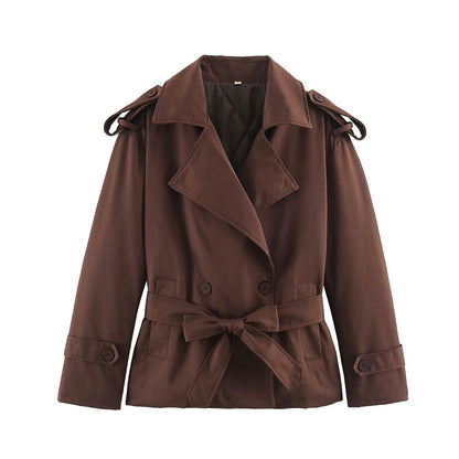 Women's Tailored Short Trench Coat with Tie Belt and Shoulder Patches EVA-US
