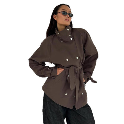 Women's Tailorable Oversize Short Trench with High Stand Collar, Snap Button Front and Tie Belt EVA-US
