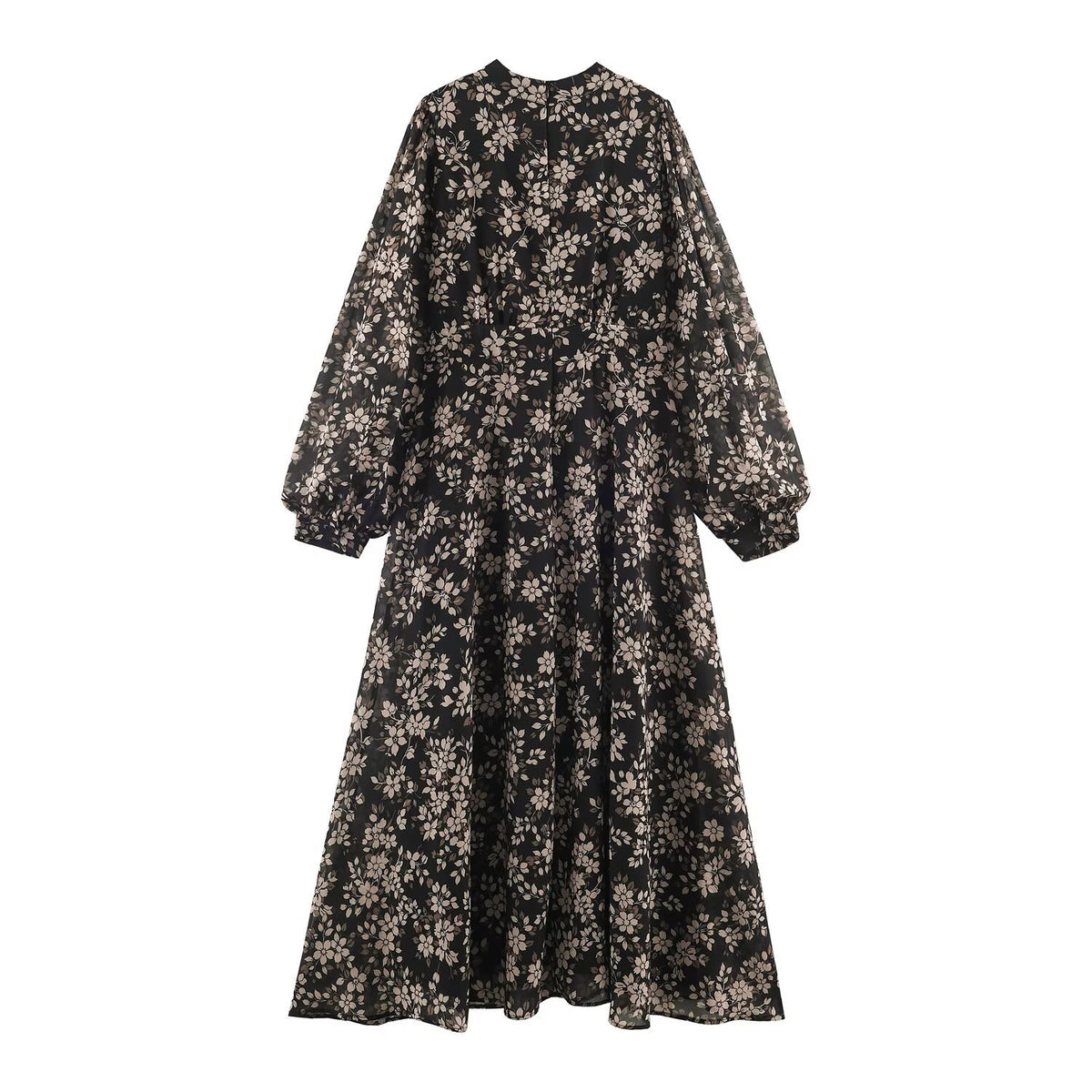 Women Floral Midi Dress with Pleated Top, Stand Collar and Balloon Sleeves EVA-US