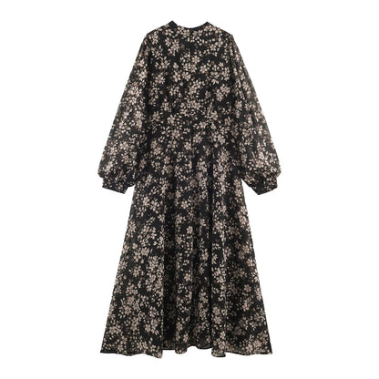 Women Floral Midi Dress with Pleated Top, Stand Collar and Balloon Sleeves EVA-US