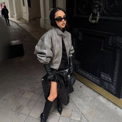 Women Short Oversized Faux Leather Bomber with High Stand-Up Collar and Snap Button Details EVA-US
