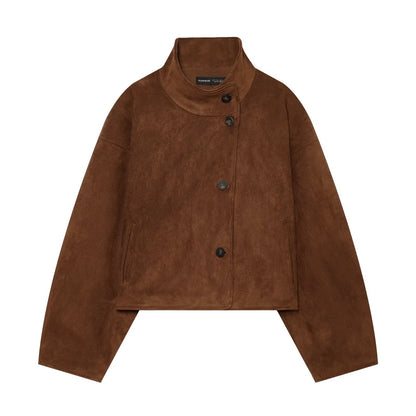 Women's Boxy Short Jacket in Suede Look with High Stand-up Collar EVA-US
