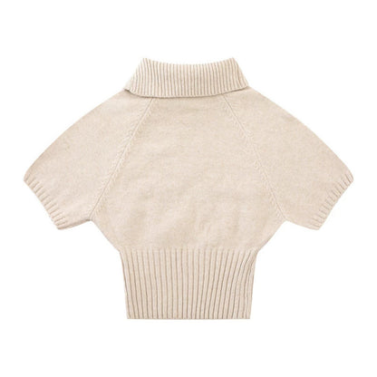 Women's Short-Sleeved Cable Knit Sweater Top with Stand Collar and Button Placket EVA-US