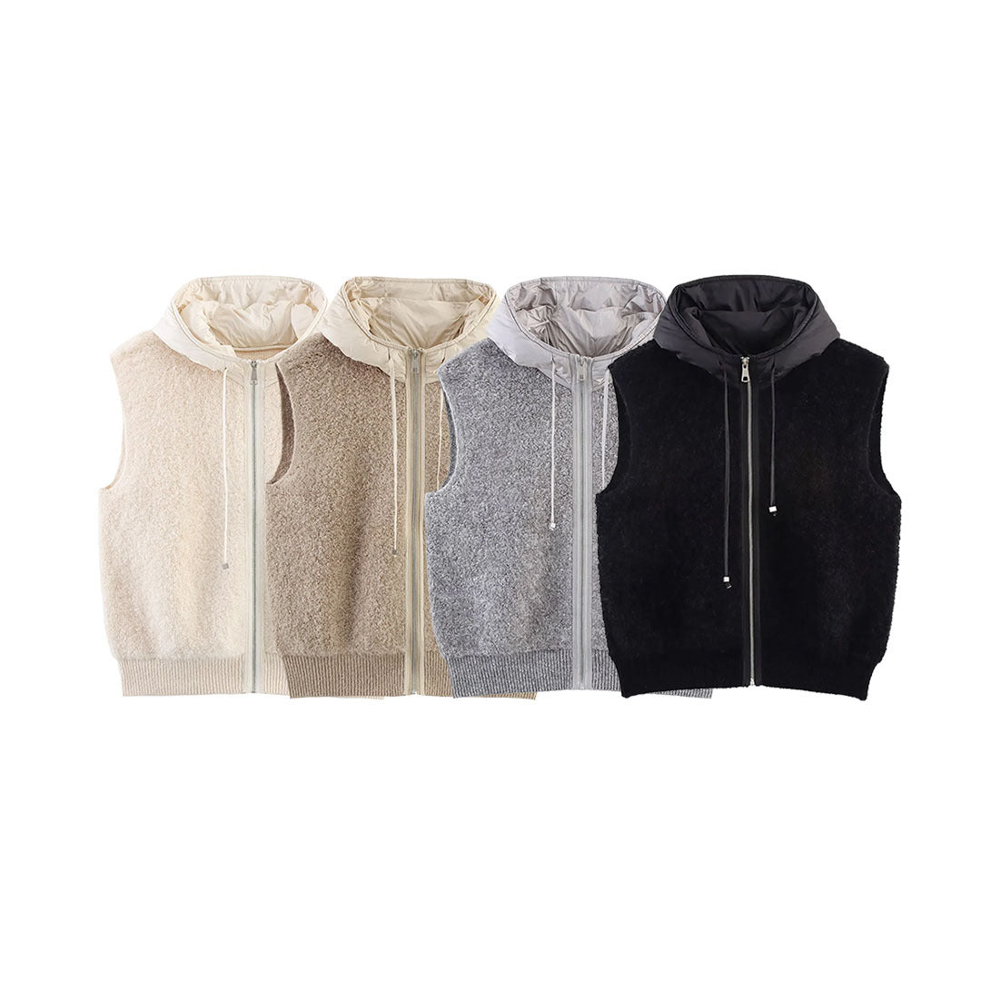 Women's Sleeveless Boucle Vest with Zipper, Padded Hood and Ribbed Hem EVA-US