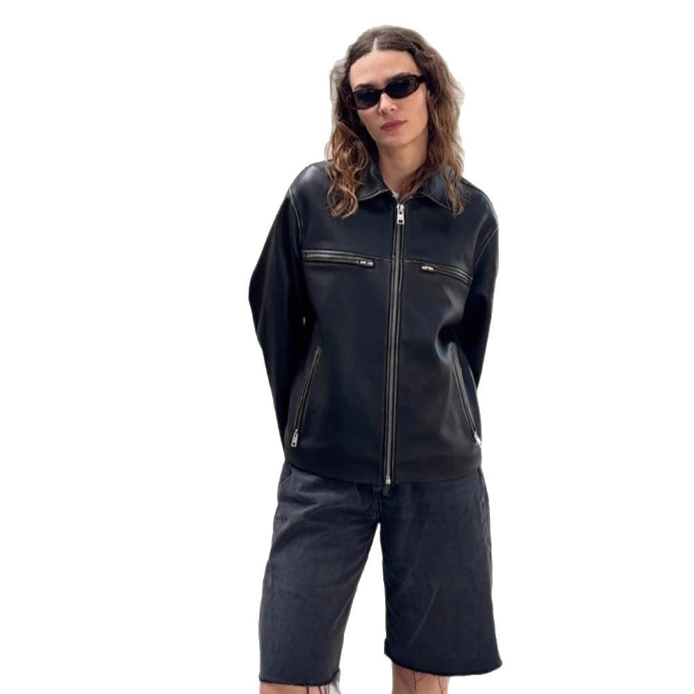 Women Boxy Faux Leather Jacket with Double Zipper and Chest Zippers EVA-US
