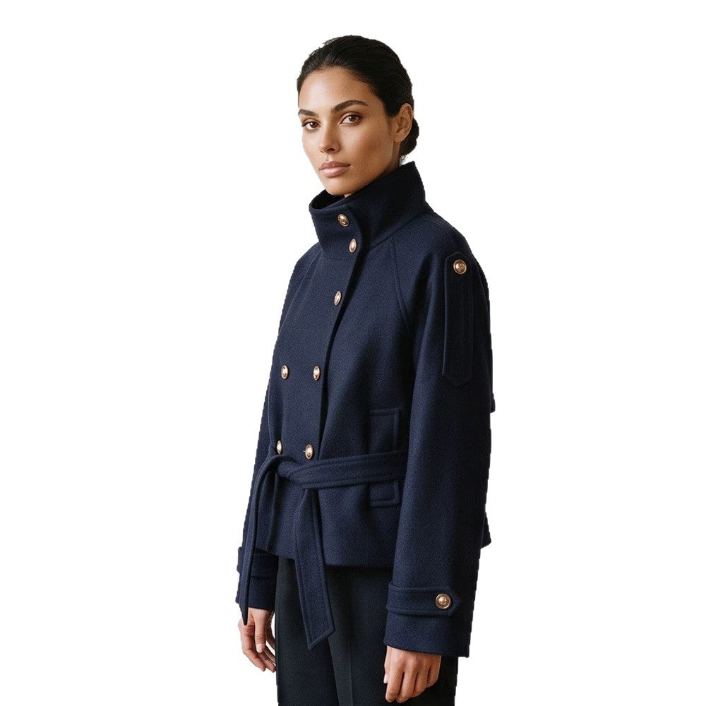 Women Short Double-Breasted Coat with Stand Collar and Tied Belt EVA-US