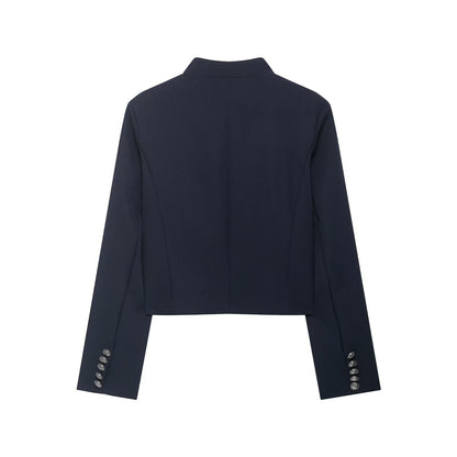 Women Short Military-Inspired Wool Blend Blazer with Stand-Up Collar and Decorative Cord Detail EVA-US