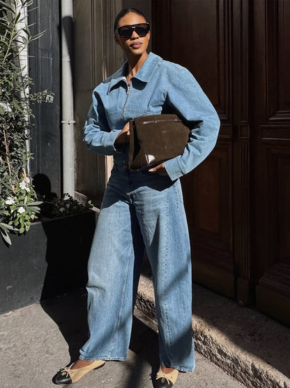 Women's short-cut denim jacket with zip and defined shoulder line EVA-US