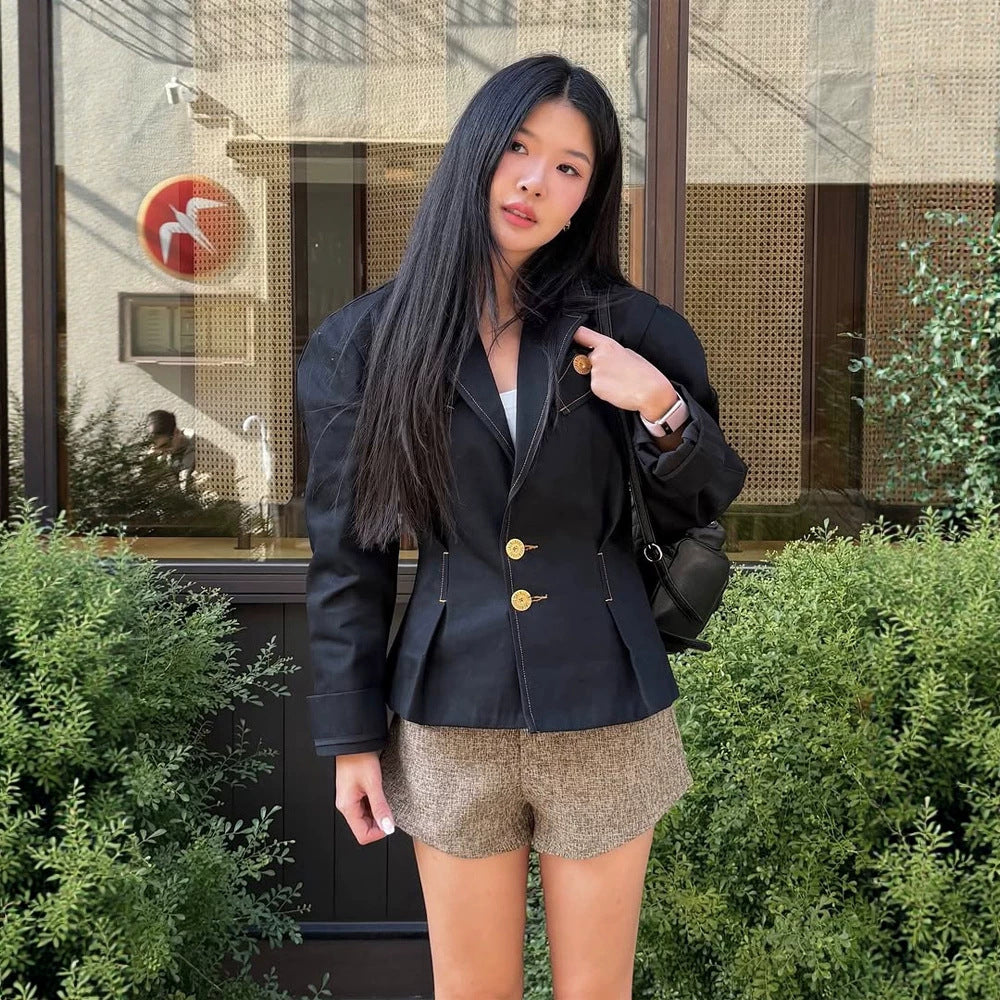 Women's Tailored Blazer with Decorative Stitching and Golden Decorative Buttons EVA-US