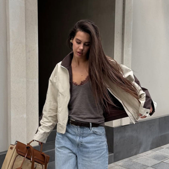 Women's Lightweight Bomber Jacket in Colorblock Style with High Stand-Up Collar EVA-US