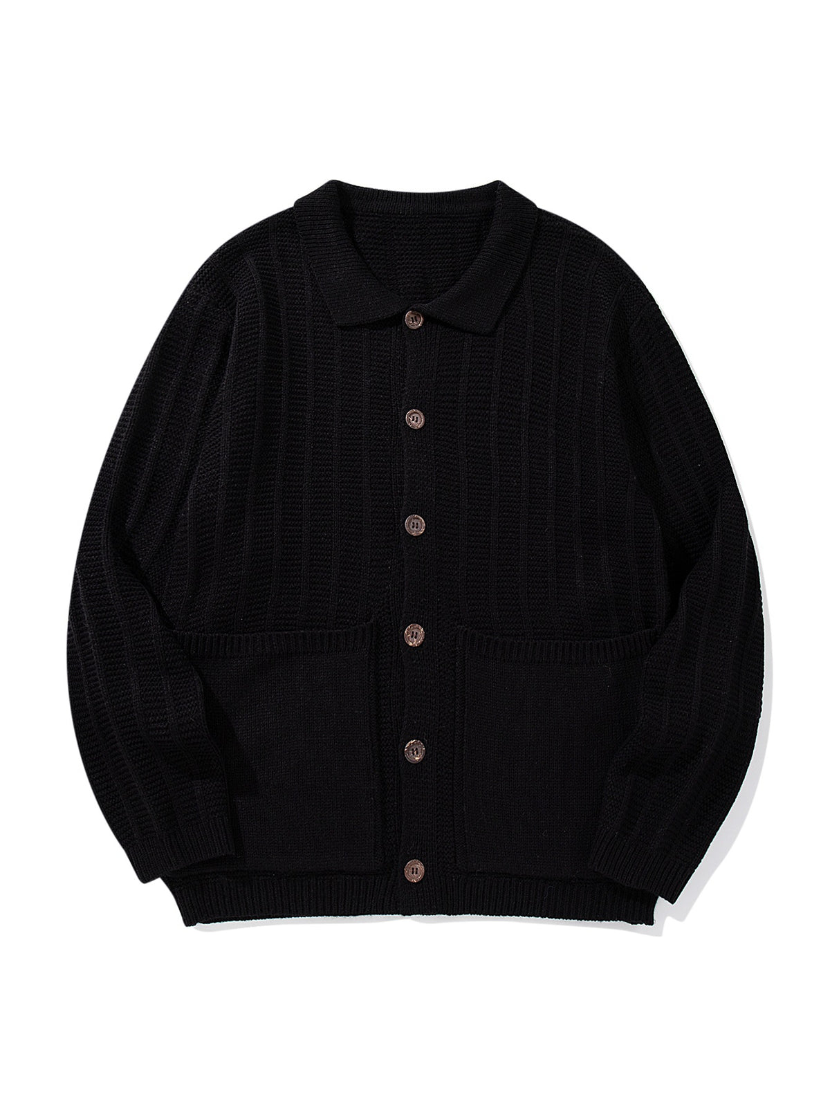 Unisex Structured Knit Cardigan with Shirt Collar and Patch Pockets EVA-US
