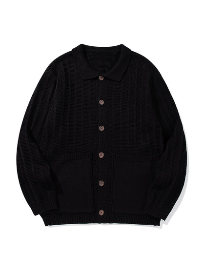 Unisex Structured Knit Cardigan with Shirt Collar and Patch Pockets EVA-US