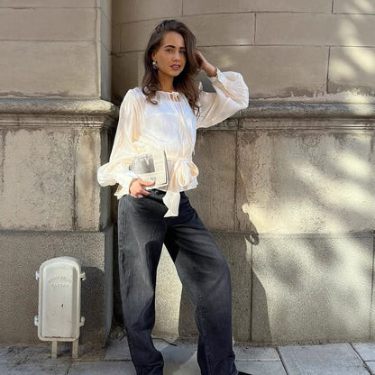 Women Elegant Wrap Blouse with Tie Belt and Voluminous Balloon Sleeves EVA-US