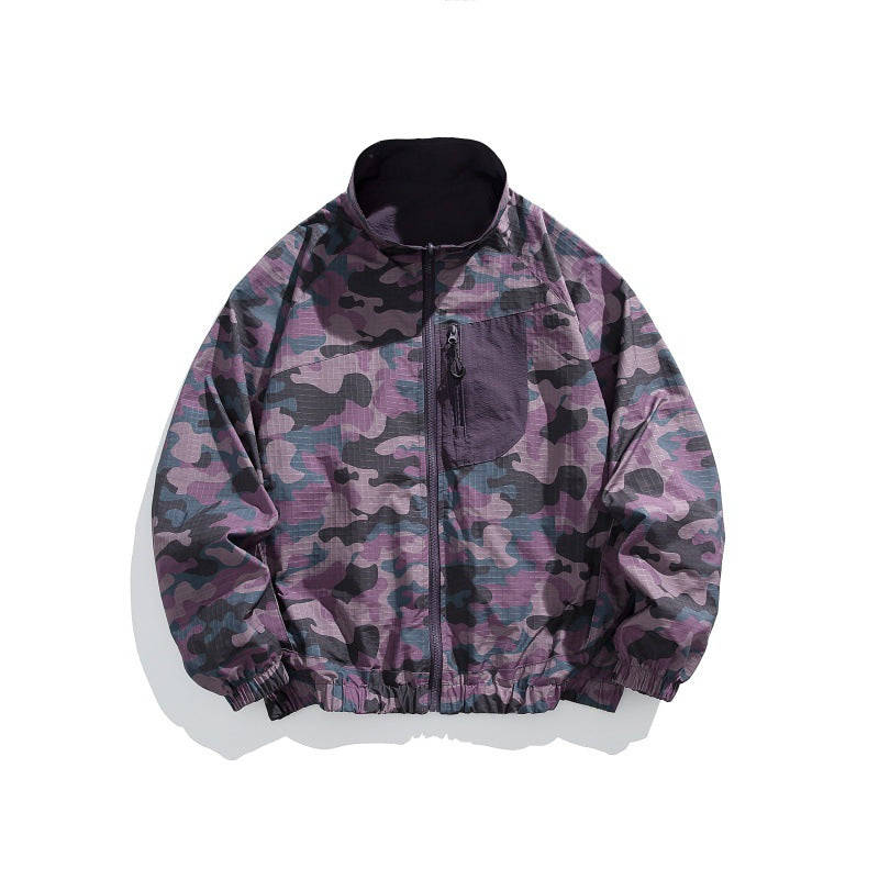 Unisex Lightweight Camo Windbreaker with High Stand Collar, Chest Zip and Elastic Hem EVA-US