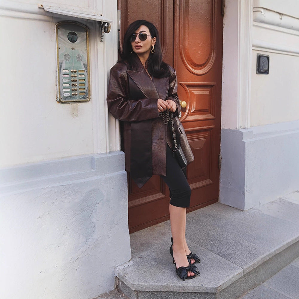 Women's Oversized Blazer Coat in Crocodile Embossing with Shawl Collar and Tie Belt EVA-US