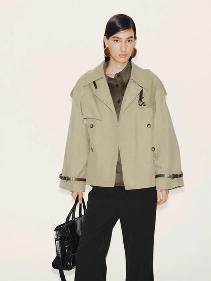 Women Short Boxy Trench Coat with Wide Lapels, Shoulder Straps and Adjustable Cuffs EVA-US